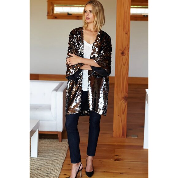 Emerson Fry Sequin Jacket/Cape Gunmetal XS/S Kimono Party Cocktail Evening